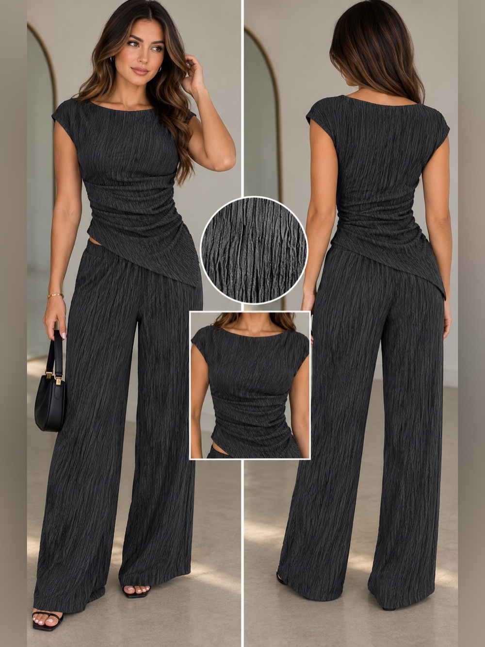 Textured Black Wide-Leg Two Piece Set